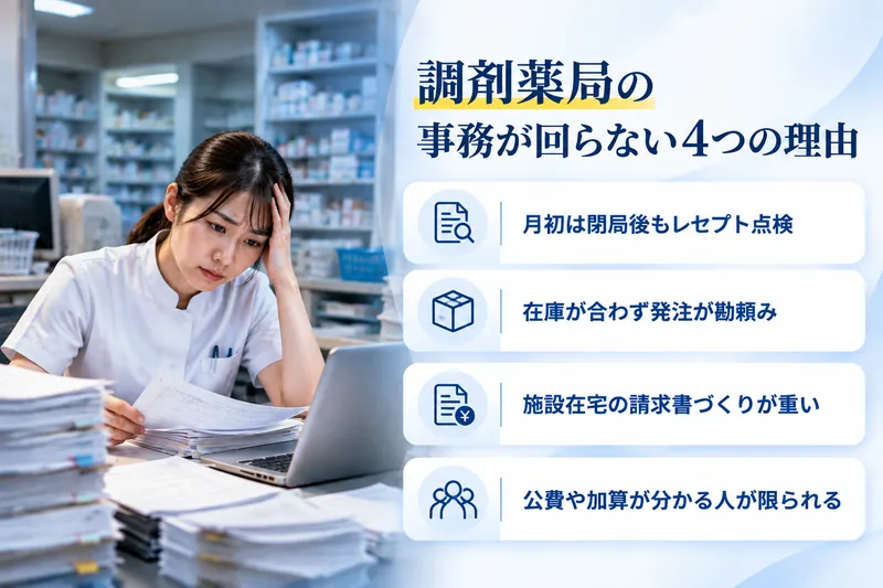 調剤薬局の事務が回らない4つの理由:月初は閉局後もレセプト点検/在庫が合わず発注が勘頼み/施設在宅の請求書づくりが重い/公費や加算が分かる人が限られる