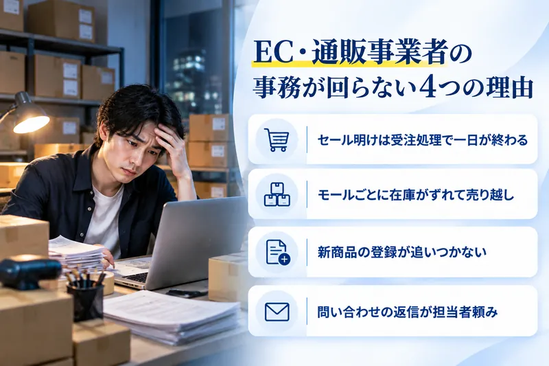 EC・通販事業者の事務が回らない4つの理由:セール明けは受注処理で一日が終わる/モールごとに在庫がずれて売り越し/新商品の登録が追いつかない/問い合わせの返信が担当者頼み