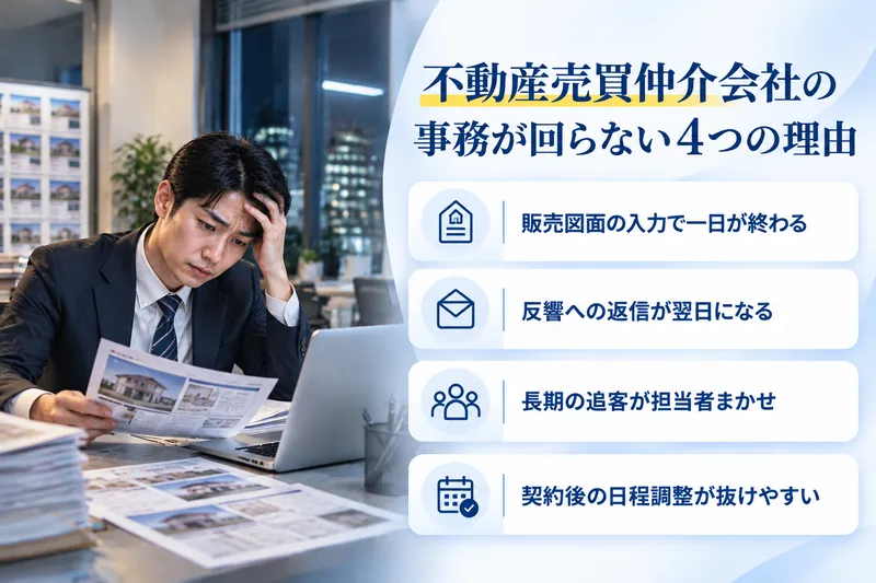 不動産売買仲介会社の事務が回らない4つの理由：販売図面の入力で一日が終わる／反響への返信が翌日になる／長期の追客が担当者まかせ／契約後の日程調整が抜けやすい