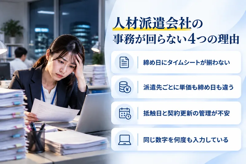 人材派遣会社の事務が回らない4つの理由：締め日にタイムシートが揃わない／派遣先ごとに単価も締め日も違う／抵触日と契約更新の管理が不安／同じ数字を何度も入力している