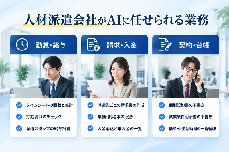 人材派遣会社がAIに任せられる業務：勤怠・給与（タイムシートの回収と集計、打刻漏れのチェック、派遣スタッフの給与計算）／請求・入金（派遣先ごとの請求書の作成、単価・割増率の照合、入金消込と未入金の一覧）／契約・台帳（個別契約書の下書き、就業条件明示書の下書き、抵触日・更新時期の一覧管理）