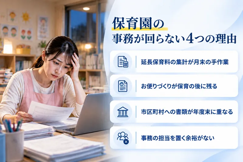 保育園の事務が回らない4つの理由：延長保育料の集計が月末の手作業／お便りづくりが保育の後に残る／市区町村への書類が年度末に重なる／事務の担当を置く余裕がない