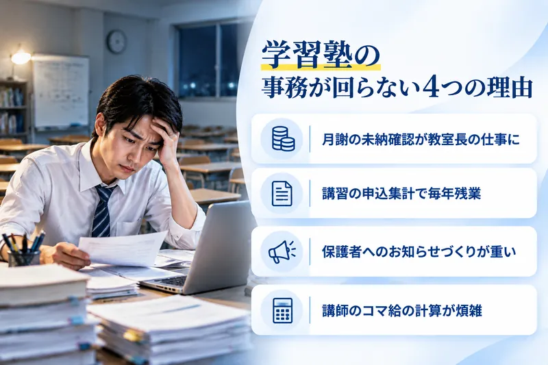 学習塾の事務が回らない4つの理由:月謝の未納確認が教室長の仕事に/講習の申込集計で毎年残業/保護者へのお知らせづくりが重い/講師のコマ給の計算が煩雑
