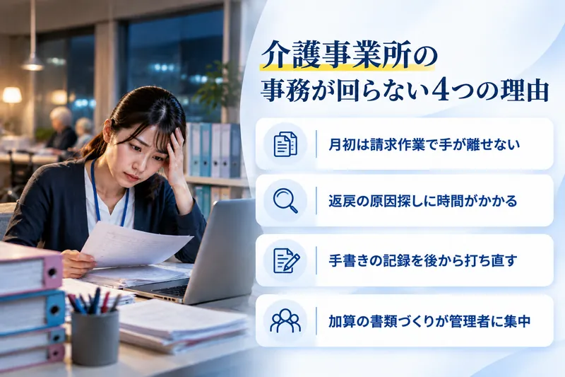 介護事業所の事務が回らない4つの理由：月初は請求作業で手が離せない／返戻の原因探しに時間がかかる／手書きの記録を後から打ち直す／加算の書類づくりが管理者に集中