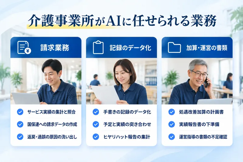 介護事業所がAIに任せられる業務：請求業務（サービス実績の集計と照合、国保連への請求データの作成、返戻・過誤の原因の洗い出し）／記録のデータ化（手書きの記録のデータ化、予定と実績の突き合わせ、ヒヤリハット報告の集計）／加算・運営の書類（処遇改善加算の計画書、実績報告書の下準備、運営指導の書類の不足確認）
