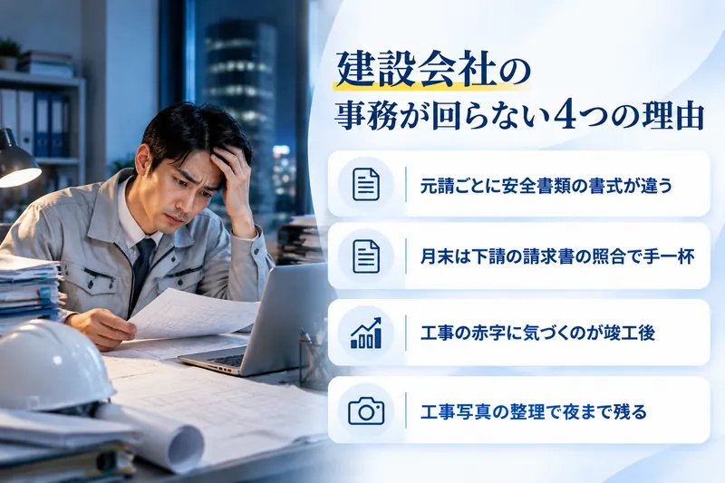 建設会社の事務が回らない4つの理由：元請ごとに安全書類の書式が違う／月末は下請の請求書の照合で手一杯／工事の赤字に気づくのが竣工後／工事写真の整理で夜まで残る