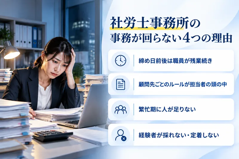社労士事務所の事務が回らない4つの理由:締め日前後は職員が残業続き/顧問先ごとのルールが担当者の頭の中/繁忙期に人が足りない/経験者が採れない・定着しない