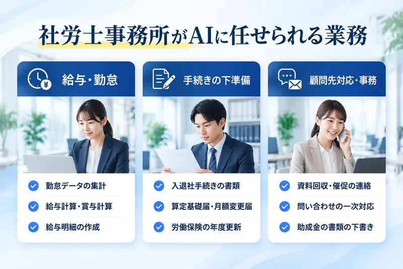 社労士事務所がAIに任せられる業務:給与・勤怠(勤怠データの集計、給与計算・賞与計算、給与明細の作成)/手続きの下準備(入退社手続きの書類、算定基礎届・月額変更届、労働保険の年度更新)/顧問先対応・事務(資料回収・催促の連絡、問い合わせの一次対応、助成金の書類の下書き)