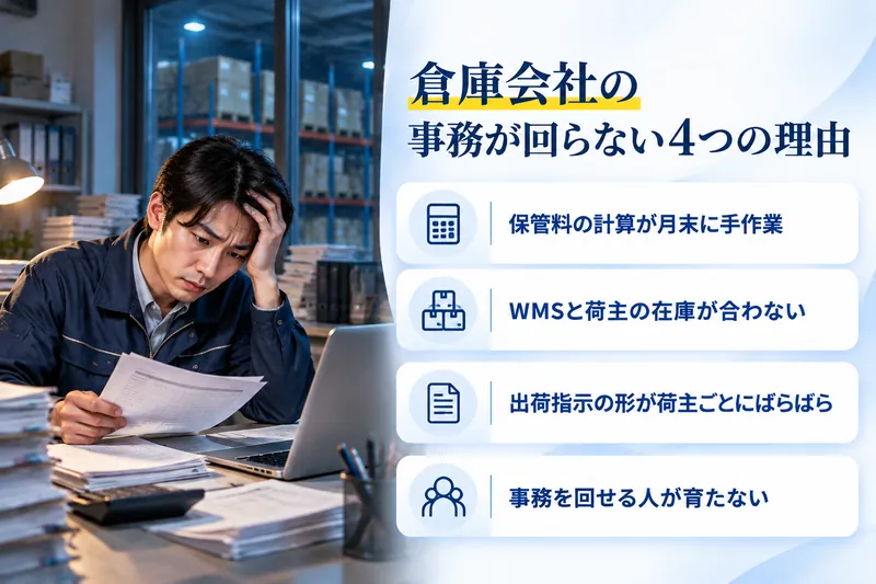 倉庫会社の事務が回らない4つの理由：保管料の計算が月末に手作業／WMSと荷主の在庫が合わない／出荷指示の形が荷主ごとにばらばら／事務を回せる人が育たない