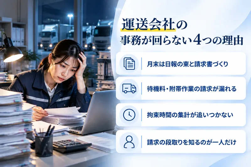 運送会社の事務が回らない4つの理由：月末は日報の束と請求書づくり／待機料・附帯作業の請求が漏れる／拘束時間の集計が追いつかない／請求の段取りを知るのが一人だけ