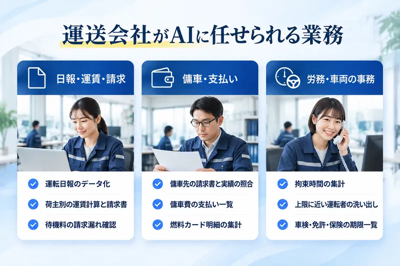 運送会社がAIに任せられる業務：日報・運賃・請求（運転日報のデータ化、荷主別の運賃計算と請求書、待機料の請求漏れ確認）／傭車・支払い（傭車先の請求書と実績の照合、傭車費の支払い一覧、燃料カード明細の集計）／労務・車両の事務（拘束時間の集計、上限に近い運転者の洗い出し、車検・免許・保険の期限一覧）